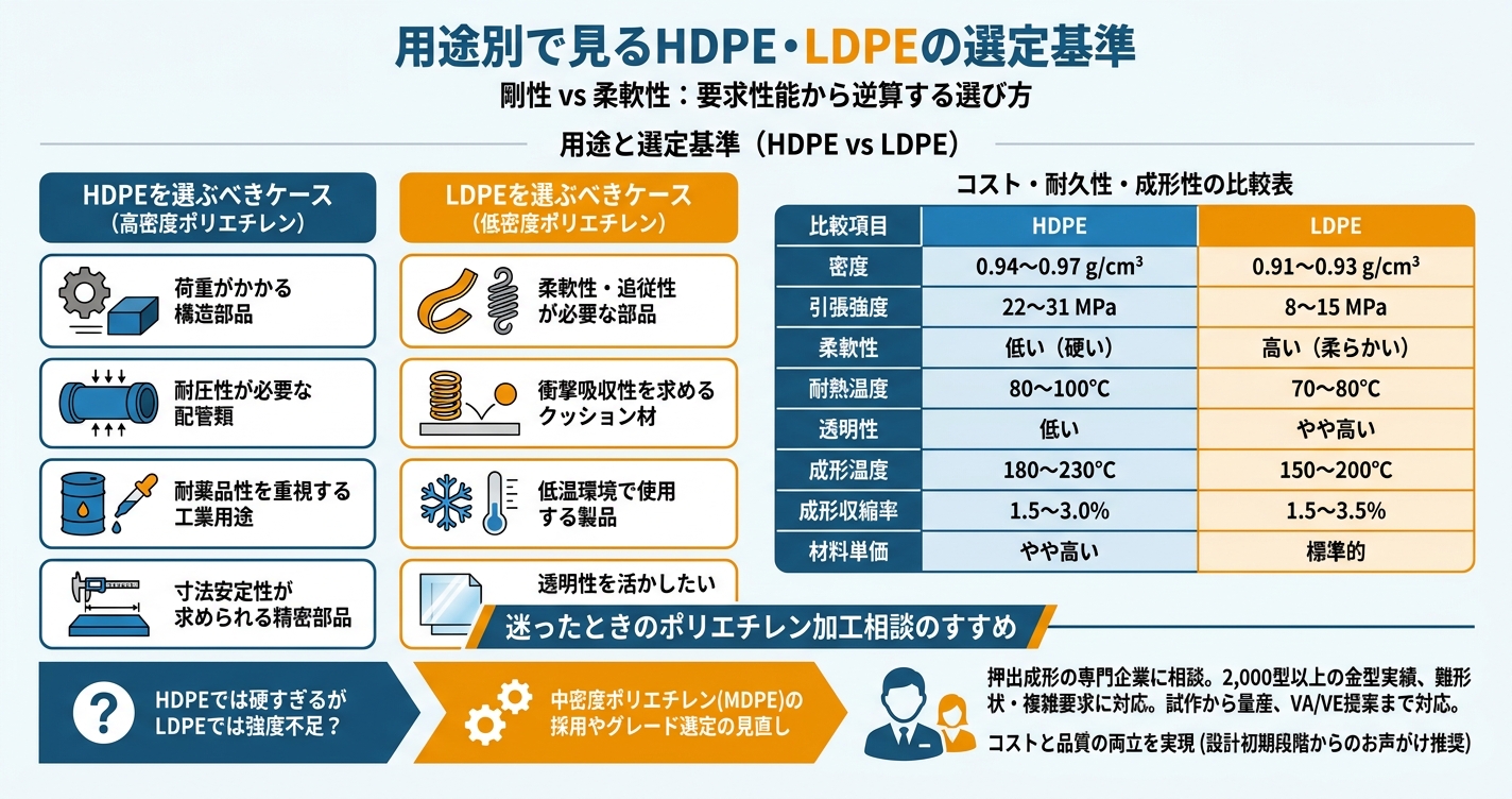 PE押出成形とは?HDPE・LDPEの選び方 - 用途別で見るHDPE・LDPEの選定基準のインフォグラフィック