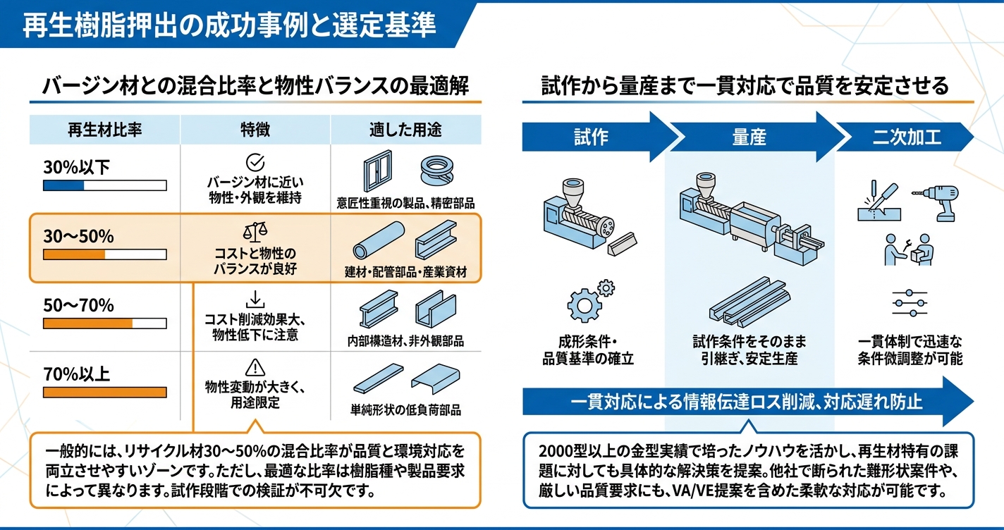 リサイクル材×押出成形の現実 - 再生樹脂押出の成功事例と選定基準のインフォグラフィック