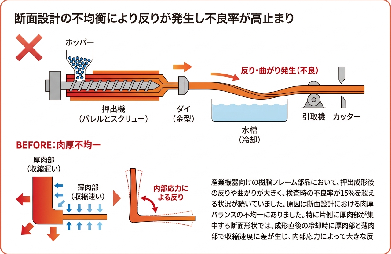 押出成形品の反り・曲がりを断面設計と熱処理で50%以上低減｜押出成形.com｜プラスチック押出成形の試作・量産・二次加工