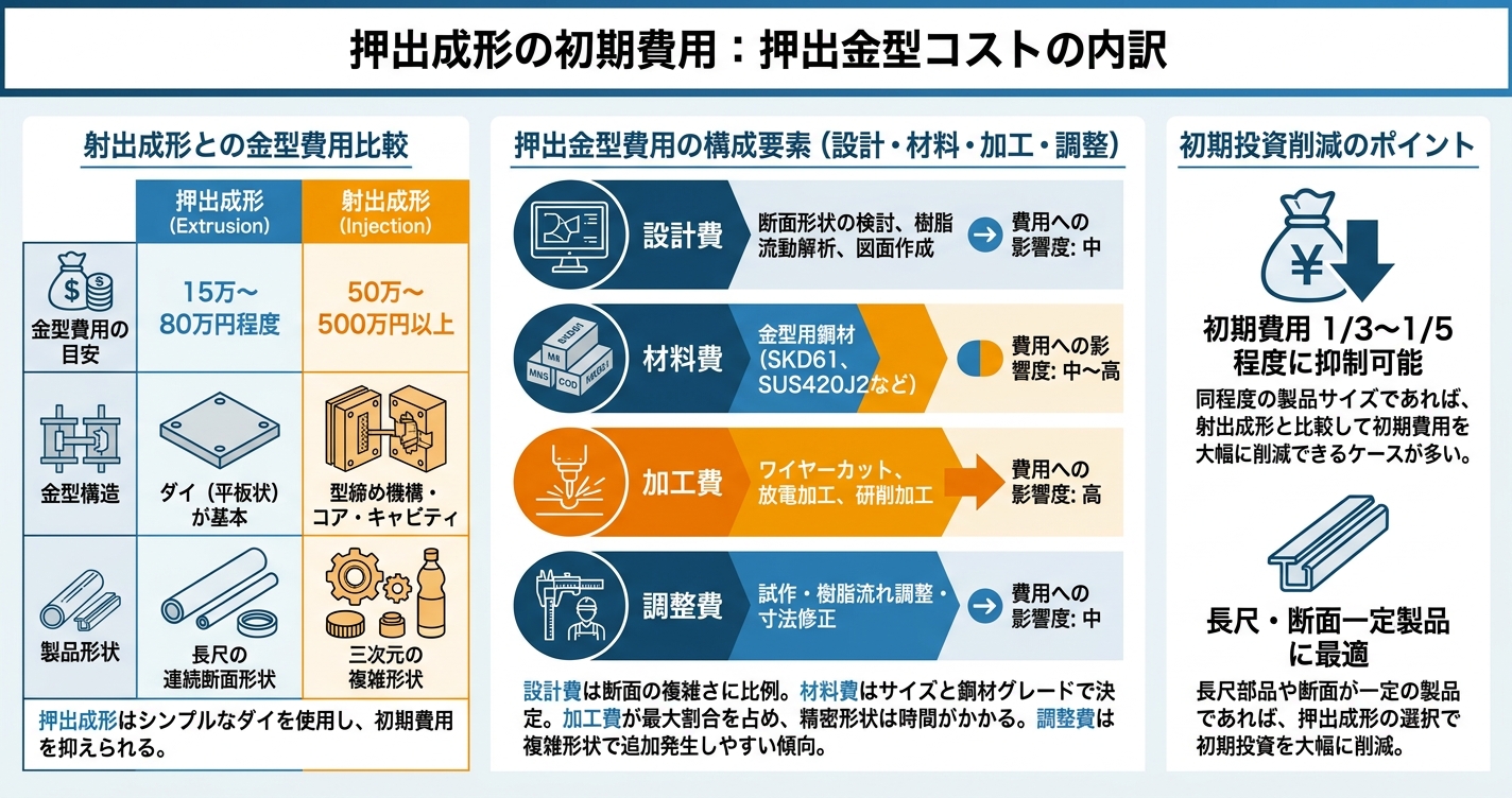 押出成形の金型費用を左右する設計要素とは - 押出成形の初期費用：押出金型コストの内訳のインフォグラフィック