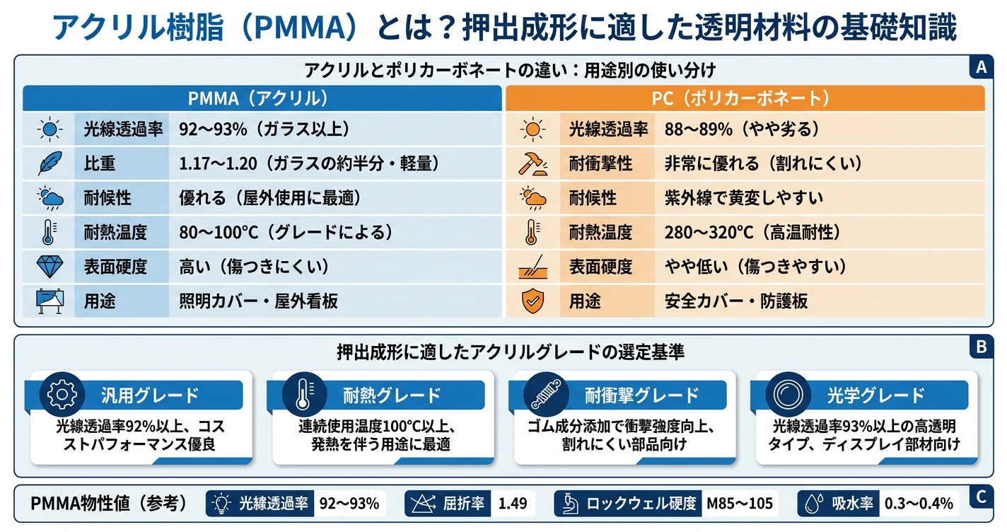 アクリル押出成形とは？透明樹脂PMMAの特性と加工ポイント - アクリル樹脂（PMMA）とは？押出成形に適した透明材料の基礎知識のインフォグラフィック