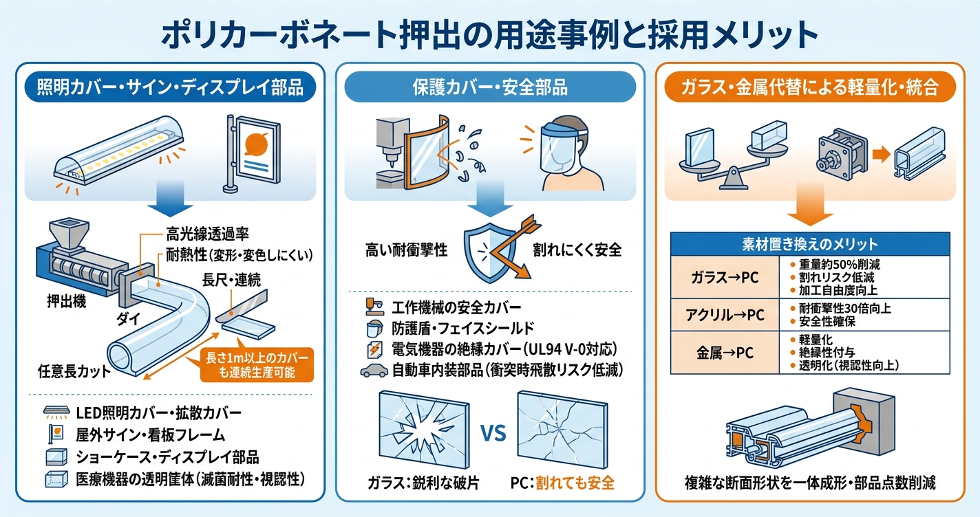 PC押出成形とは？高透明・高耐衝撃材料の特性と設計ポイント - ポリカーボネート押出の用途事例と採用メリットのインフォグラフィック