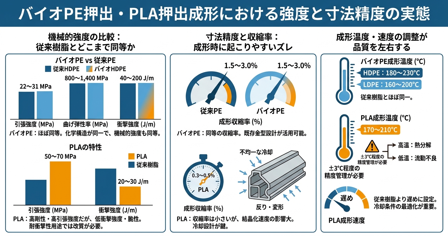 バイオマス樹脂の押出成形：強度・精度・コストの現実 - バイオPE押出・PLA押出成形における強度と寸法精度の実態のインフォグラフィック