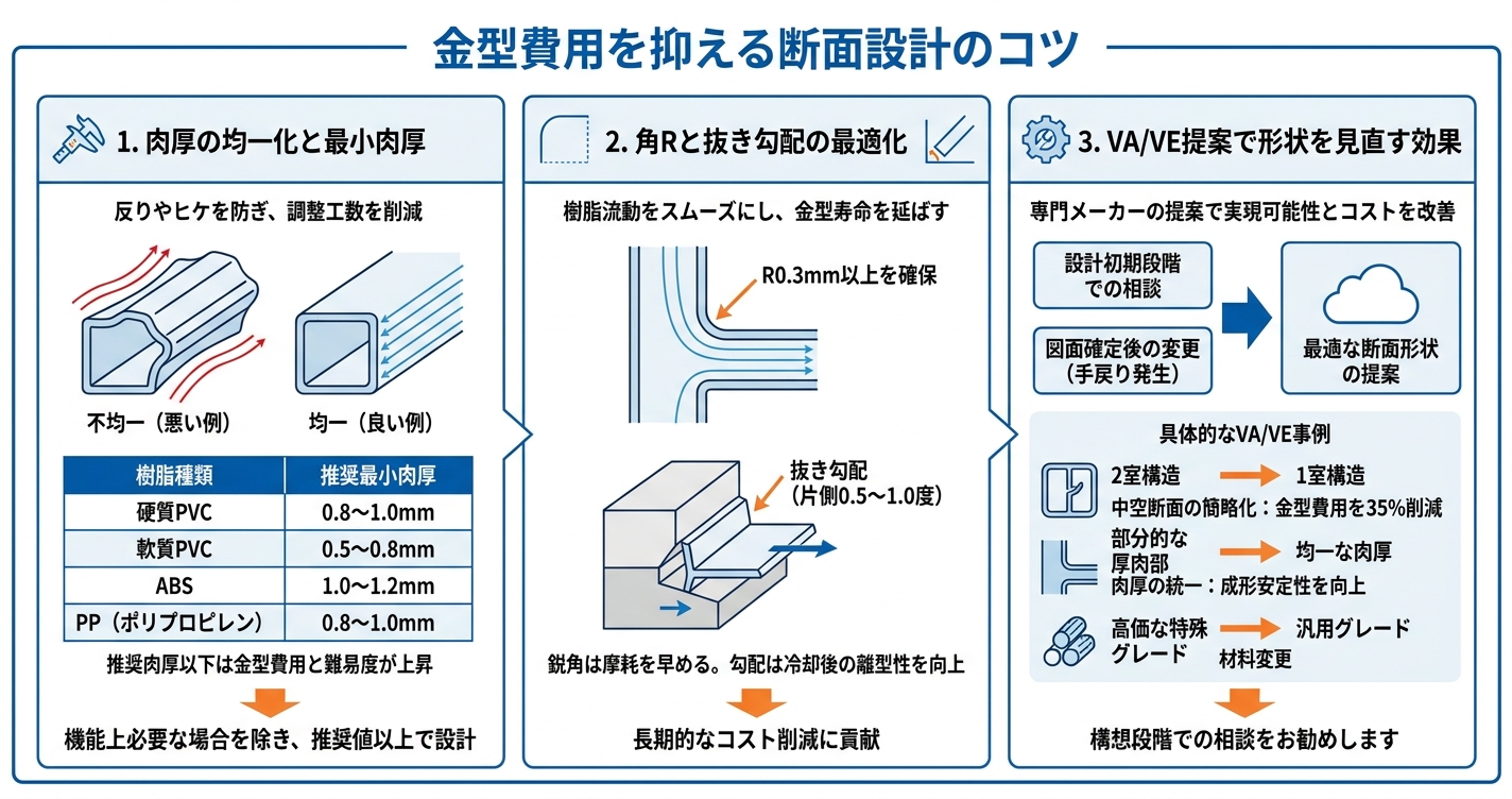 押出成形の金型費用を左右する設計要素とは - 金型費用を抑える断面設計のコツのインフォグラフィック