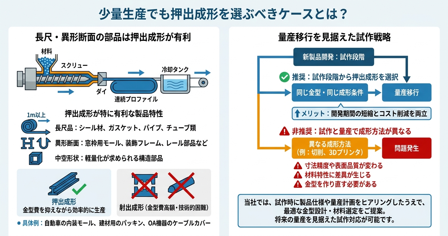 押出成形は少量生産でも対応可能? - 少量生産でも押出成形を選ぶべきケースとは?のインフォグラフィック