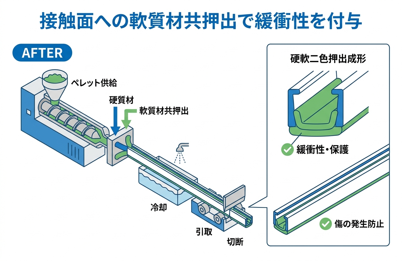 共押出による軟質材付与で取付時の傷・打痕を防止｜押出成形.com｜プラスチック押出成形の試作・量産・二次加工