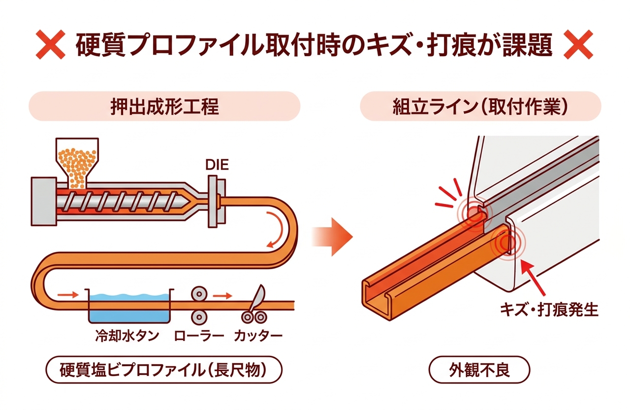 共押出による軟質材付与で取付時の傷・打痕を防止｜押出成形.com｜プラスチック押出成形の試作・量産・二次加工