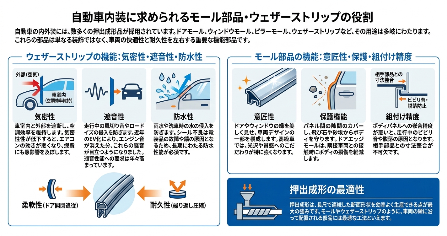 自動車押出成形の精度要件｜モール・ウェザーストリップ設計 - 自動車内装に求められるモール部品・ウェザーストリップの役割のインフォグラフィック