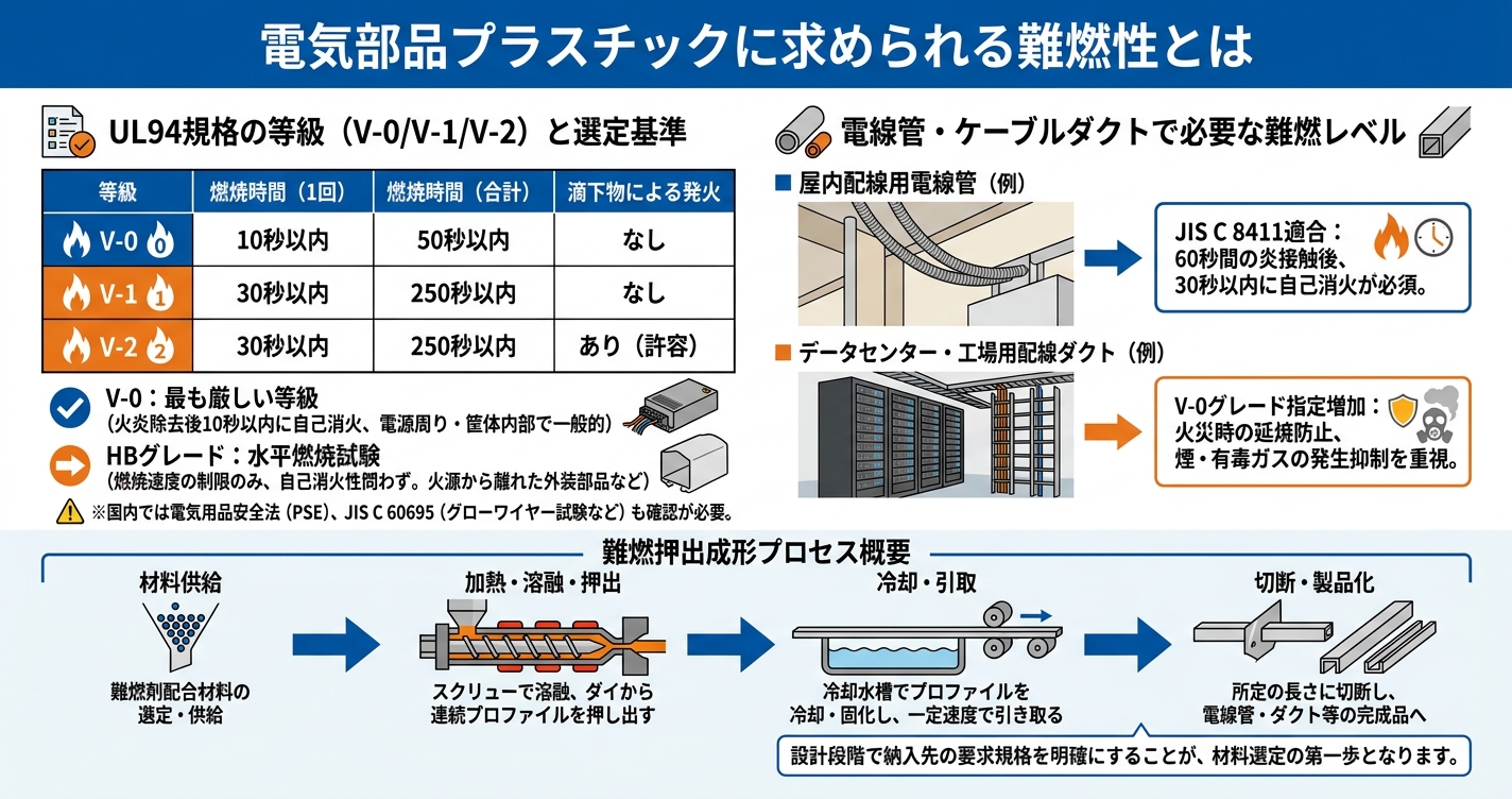 難燃押出成形で電気部品を作る材料選定 - 電気部品プラスチックに求められる難燃性とはのインフォグラフィック