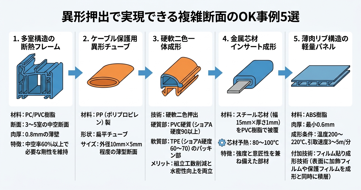 押出成形できる形状とは?OK・NG事例集 - 異形押出で実現できる複雑断面のOK事例5選のインフォグラフィック