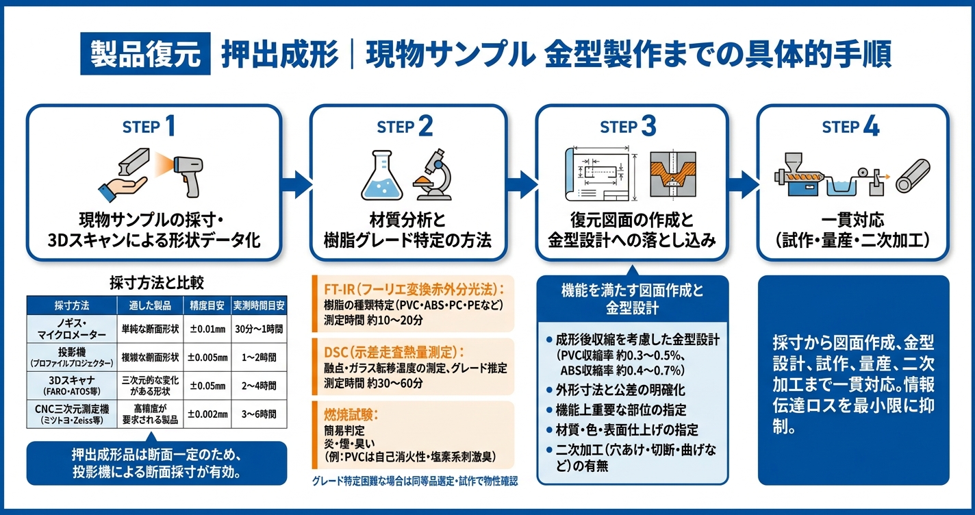 図面なし継続生産の進め方|現物から復元 - 製品復元 押出成形|現物サンプル 金型製作までの具体的手順のインフォグラフィック