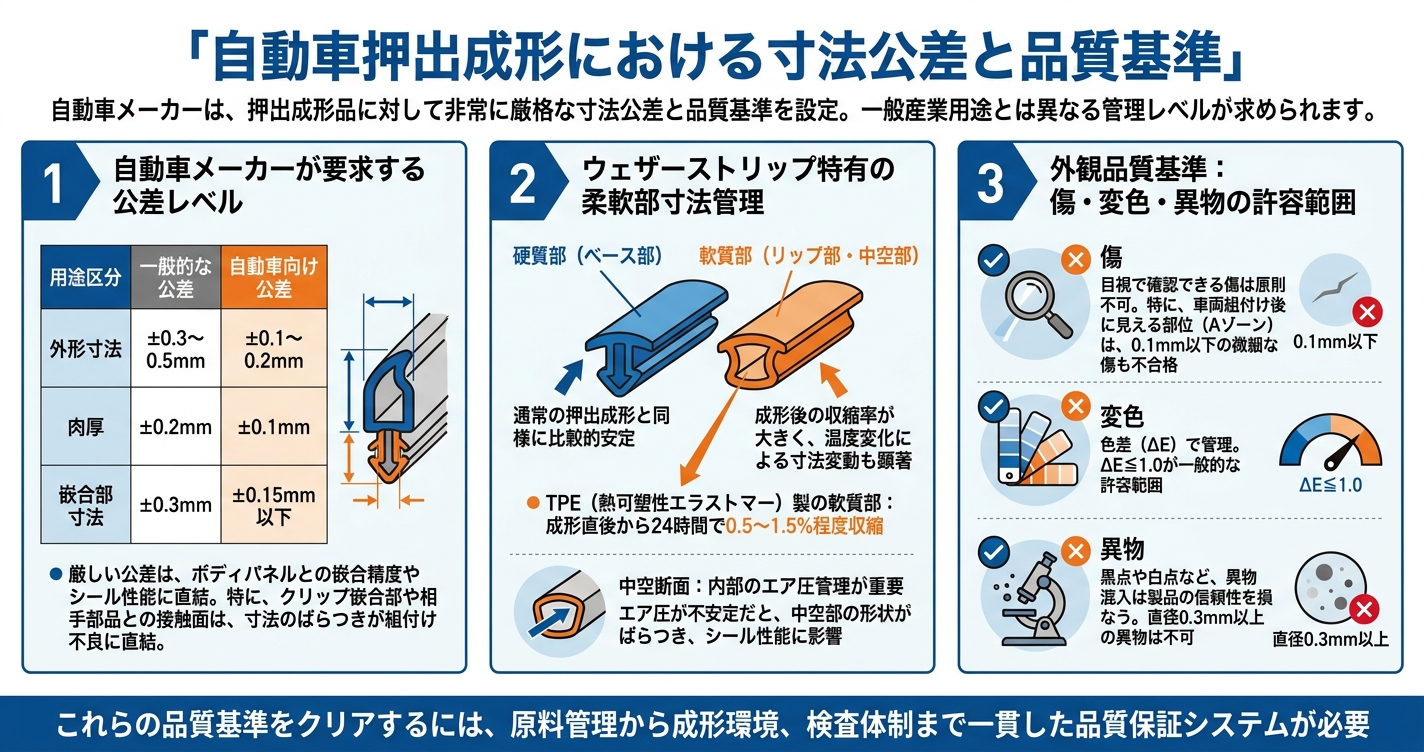 自動車押出成形の精度要件｜モール・ウェザーストリップ設計 - 自動車押出成形における寸法公差と品質基準のインフォグラフィック