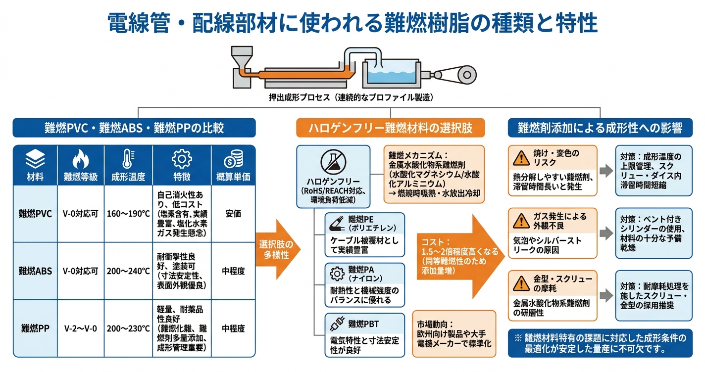 難燃押出成形で電気部品を作る材料選定 - 電線管・配線部材に使われる難燃樹脂の種類と特性のインフォグラフィック
