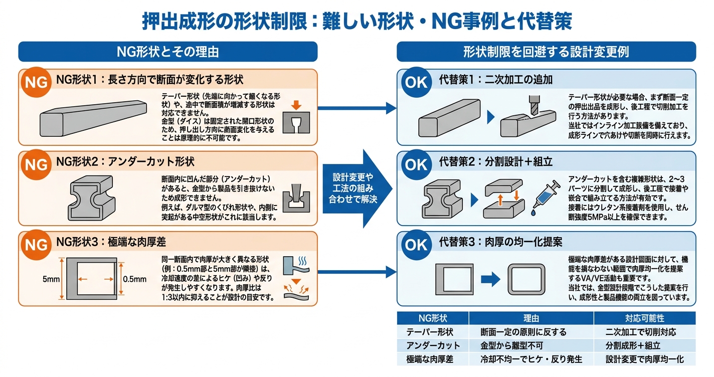 押出成形できる形状とは?OK・NG事例集 - 押出成形の形状制限:難しい形状・NG事例と代替策のインフォグラフィック