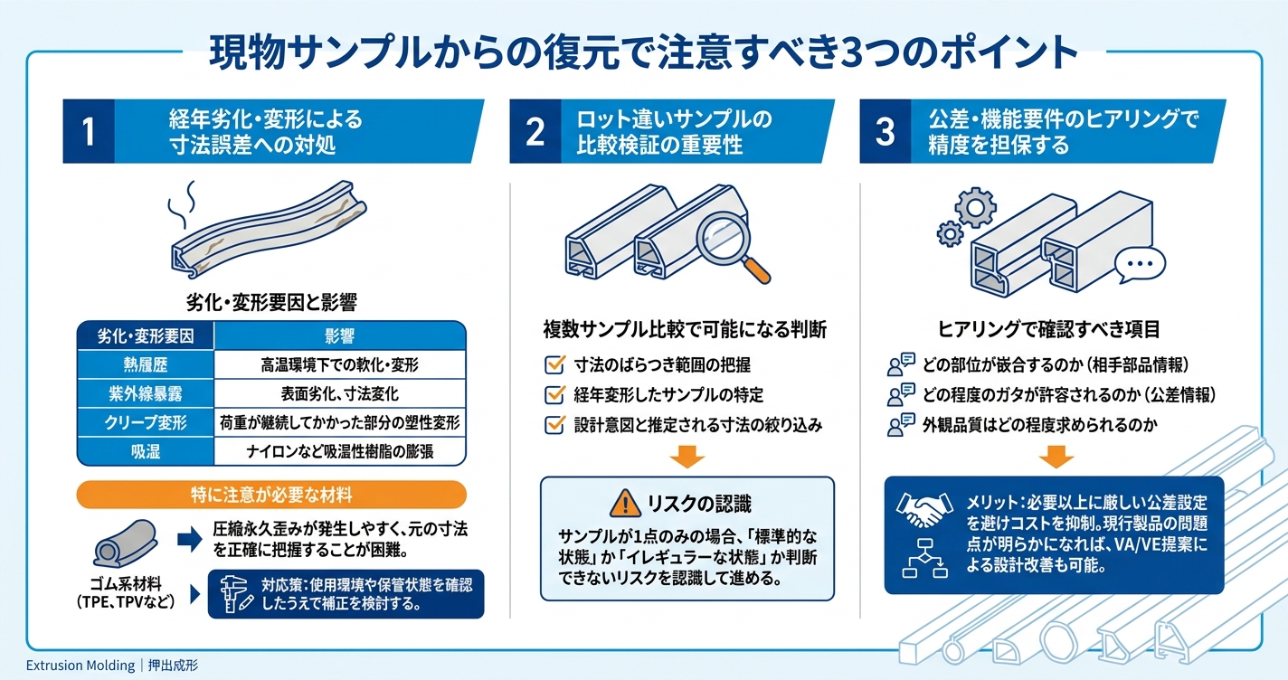 図面なし継続生産の進め方|現物から復元 - 現物サンプルからの復元で注意すべき3つのポイントのインフォグラフィック
