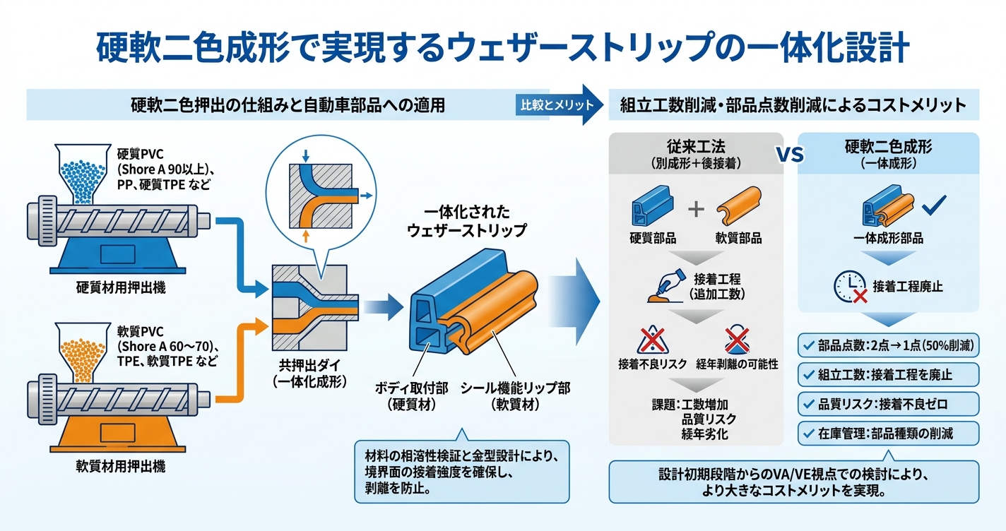 自動車押出成形の精度要件｜モール・ウェザーストリップ設計 - 硬軟二色成形で実現するウェザーストリップの一体化設計のインフォグラフィック