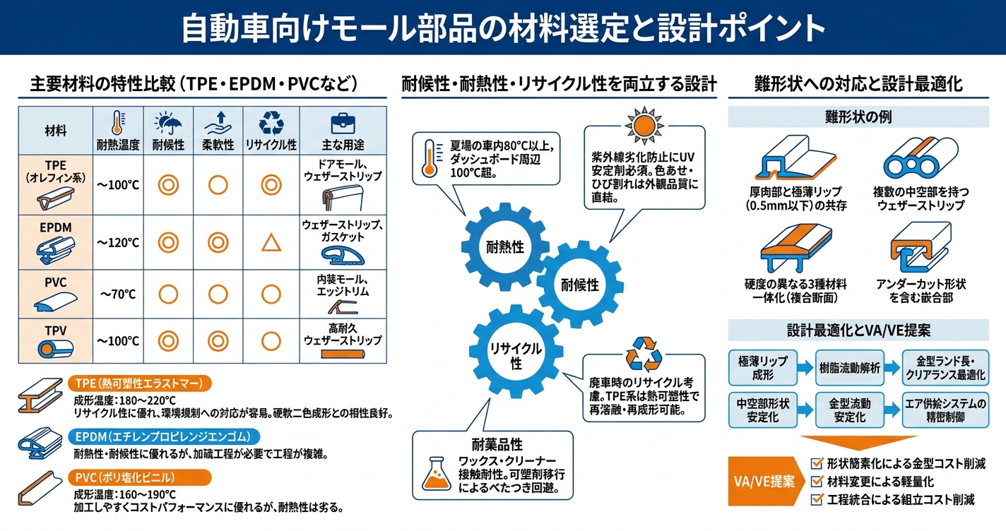 自動車押出成形の精度要件｜モール・ウェザーストリップ設計 - 自動車向けモール部品の材料選定と設計ポイントのインフォグラフィック