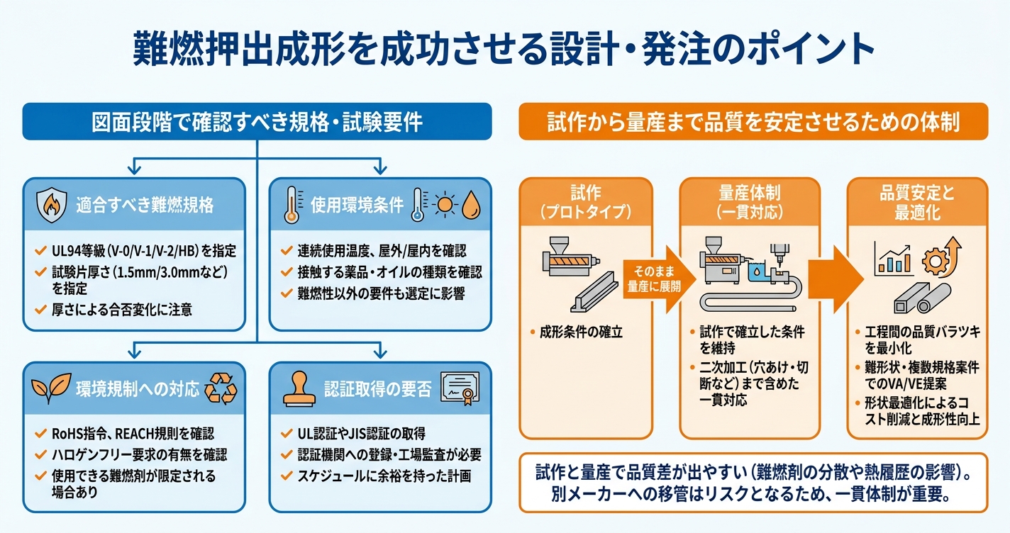 難燃押出成形で電気部品を作る材料選定 - 難燃押出成形を成功させる設計・発注のポイントのインフォグラフィック