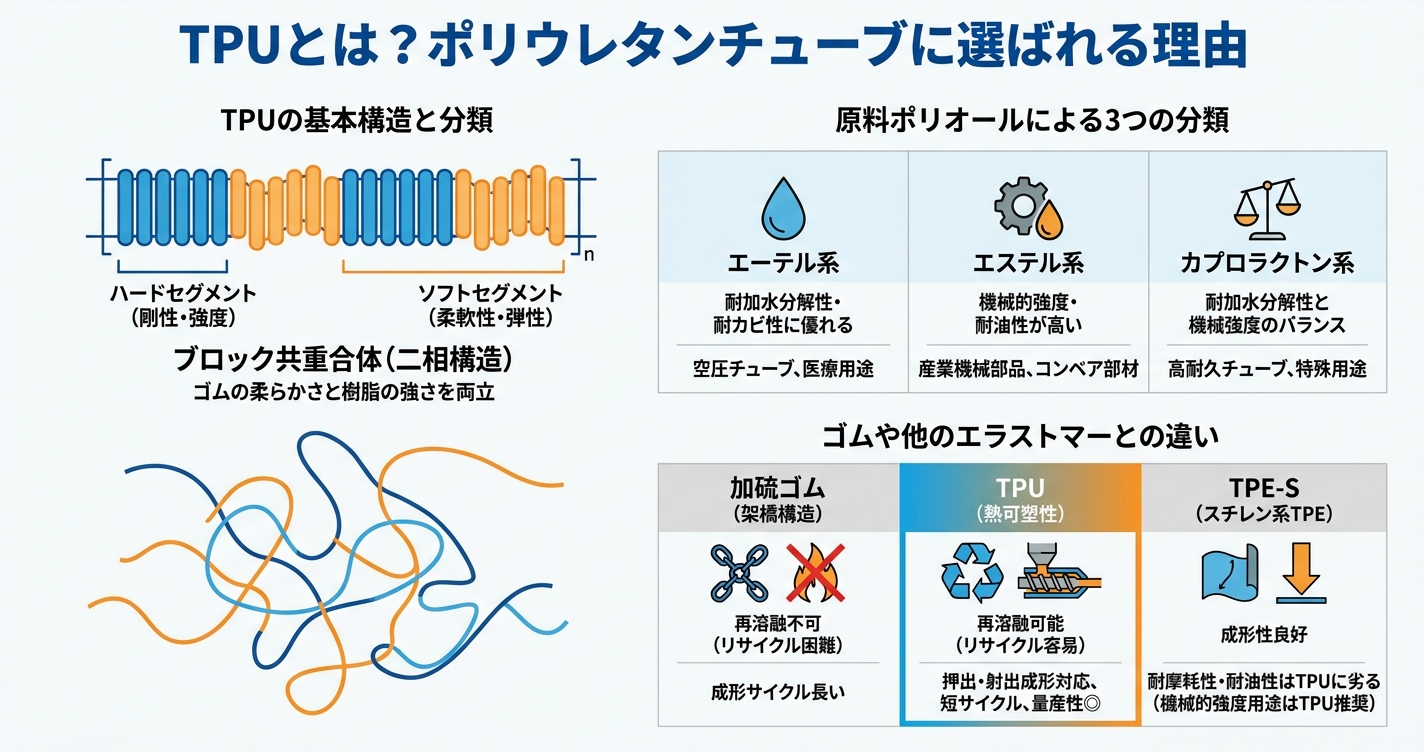 TPU押出成形とは?耐摩耗性と弾性を両立 - TPUとは?ポリウレタンチューブに選ばれる理由のインフォグラフィック