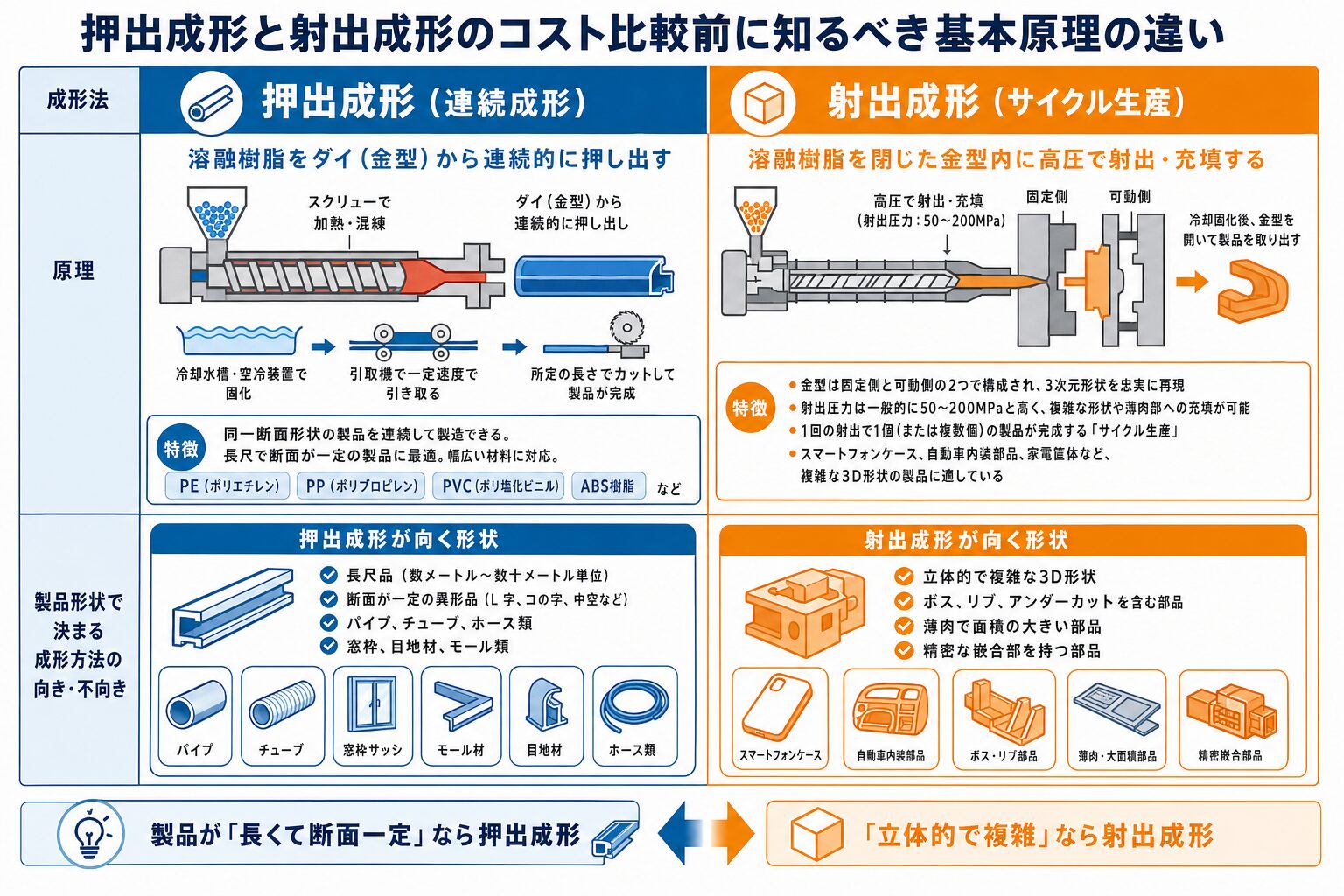 押出成形と射出成形の違いを比較表で解説 - 押出成形と射出成形のコスト比較前に知るべき基本原理の違いのインフォグラフィック
