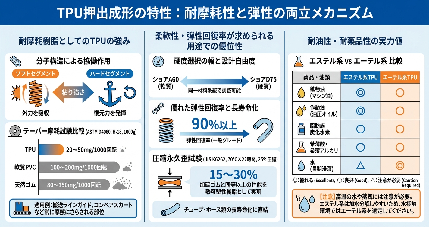 TPU押出成形とは?耐摩耗性と弾性を両立 - TPU押出成形の特性:耐摩耗性と弾性の両立メカニズムのインフォグラフィック