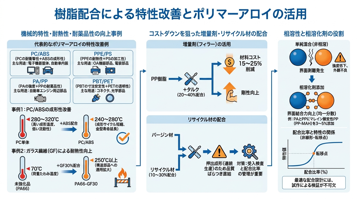 樹脂ブレンド・コンパウンドとは?配合技術の基礎 - 樹脂配合による特性改善とポリマーアロイの活用のインフォグラフィック