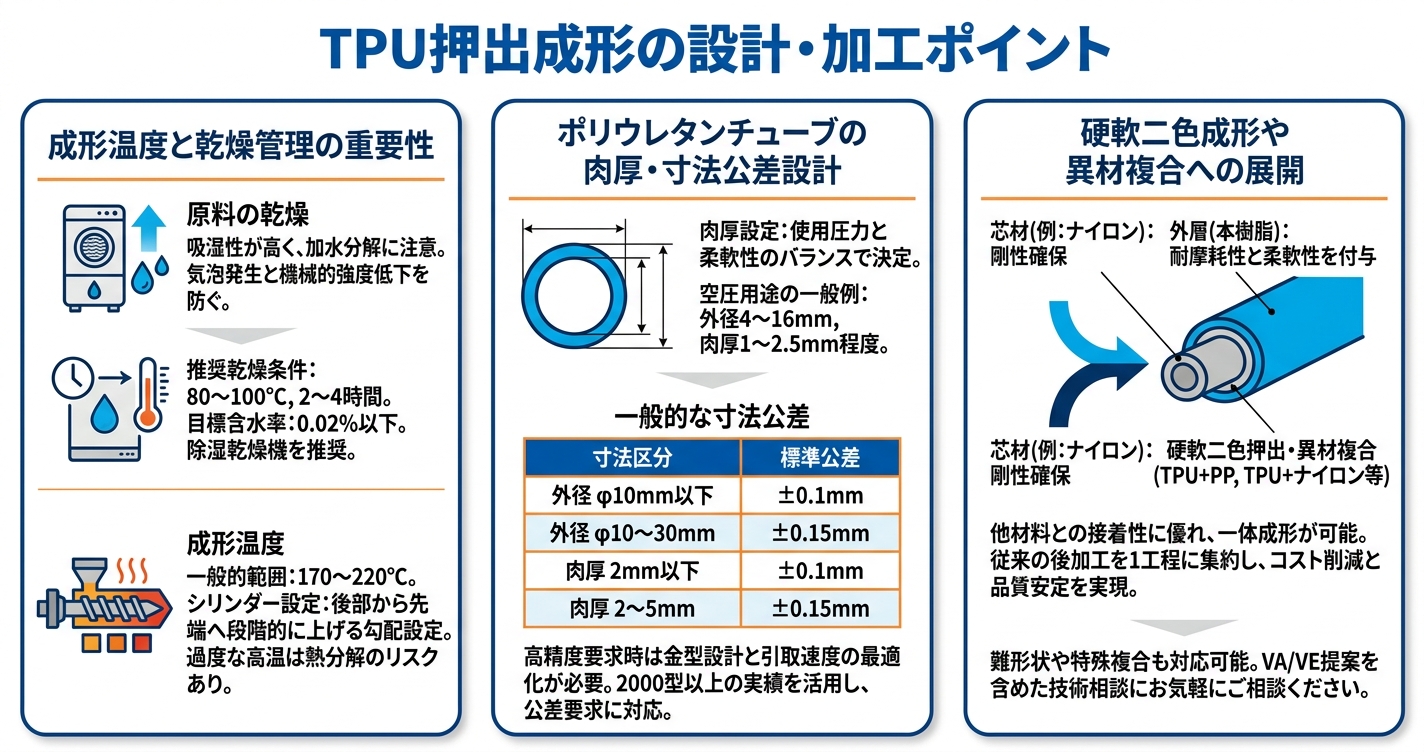 TPU押出成形とは?耐摩耗性と弾性を両立 - TPU押出成形の設計・加工ポイントのインフォグラフィック
