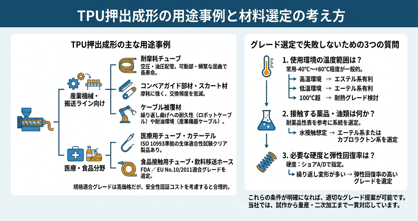 TPU押出成形とは?耐摩耗性と弾性を両立 - TPU押出成形の用途事例と材料選定の考え方のインフォグラフィック