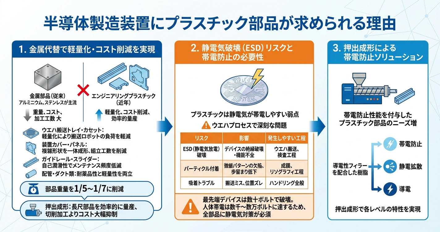 帯電防止押出成形とは？半導体向け部品の要件 - 半導体製造装置にプラスチック部品が求められる理由のインフォグラフィック