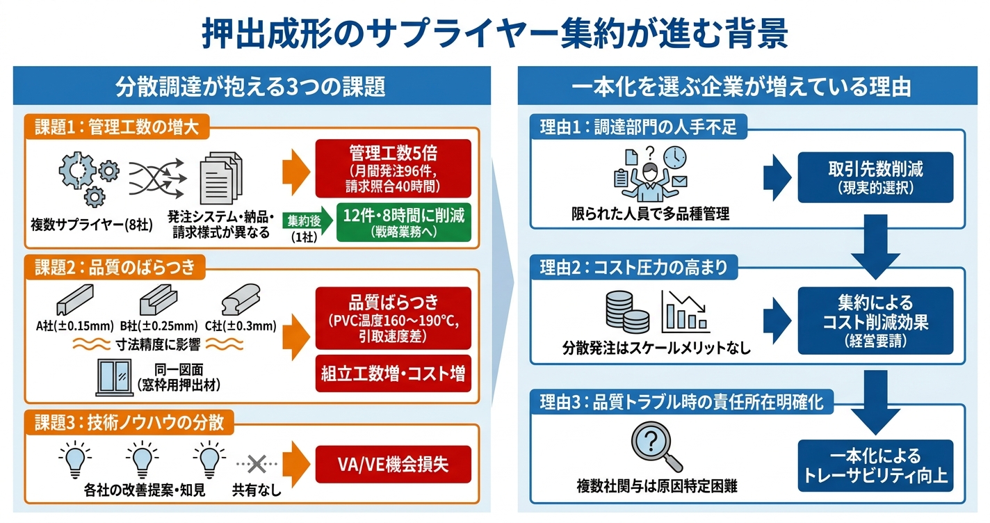 押出成形サプライヤー一本化のメリットとリスク - 押出成形のサプライヤー集約が進む背景のインフォグラフィック