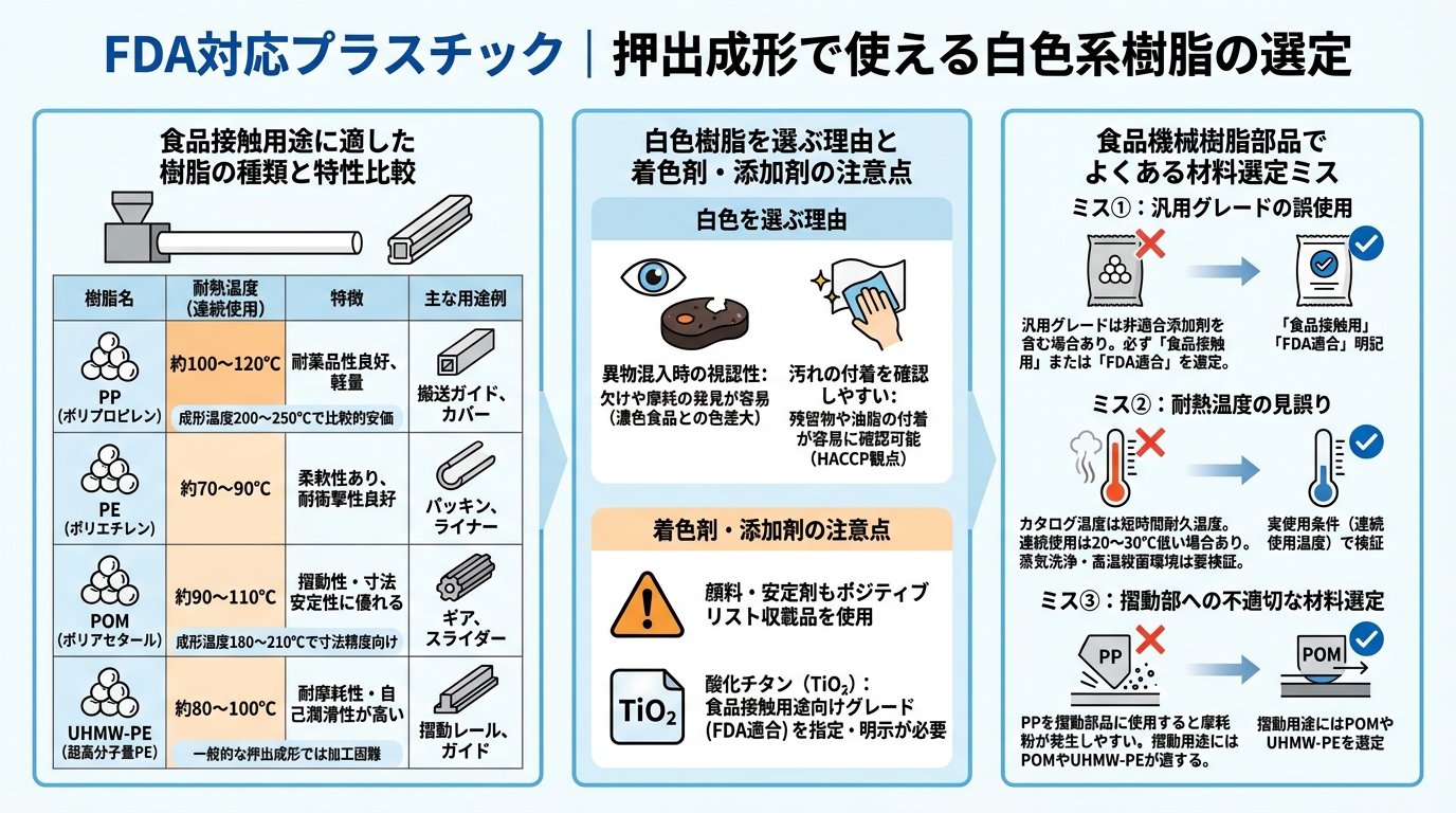 食品衛生法対応の押出成形とは? - FDA対応プラスチック|押出成形で使える白色系樹脂の選定のインフォグラフィック