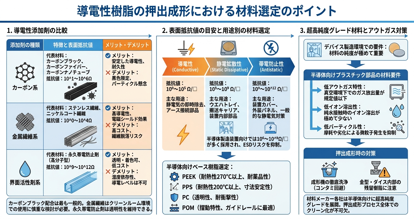 帯電防止押出成形とは？半導体向け部品の要件 - 導電性樹脂の押出成形における材料選定のポイントのインフォグラフィック