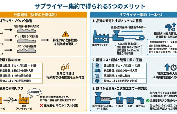押出成形サプライヤー一本化のメリットとリスク｜押出成形.com｜プラスチック押出成形の試作・量産・二次加工