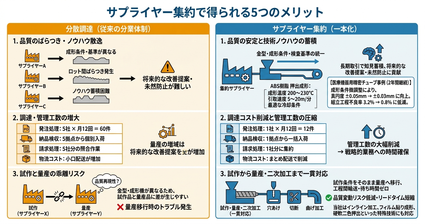 押出成形サプライヤー一本化のメリットとリスク - サプライヤー集約で得られる5つのメリットのインフォグラフィック