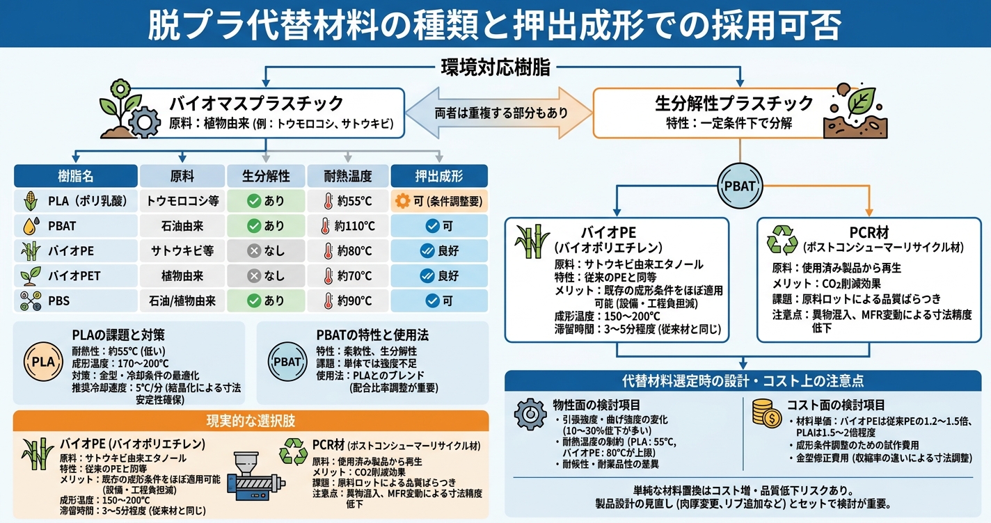プラスチック規制と製造業の対応策 - 脱プラ代替材料の種類と押出成形での採用可否のインフォグラフィック