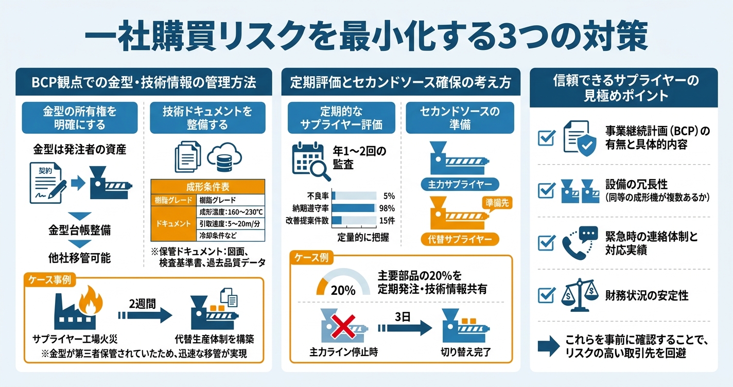 押出成形サプライヤー一本化のメリットとリスク - 一社購買リスクを最小化する3つの対策のインフォグラフィック